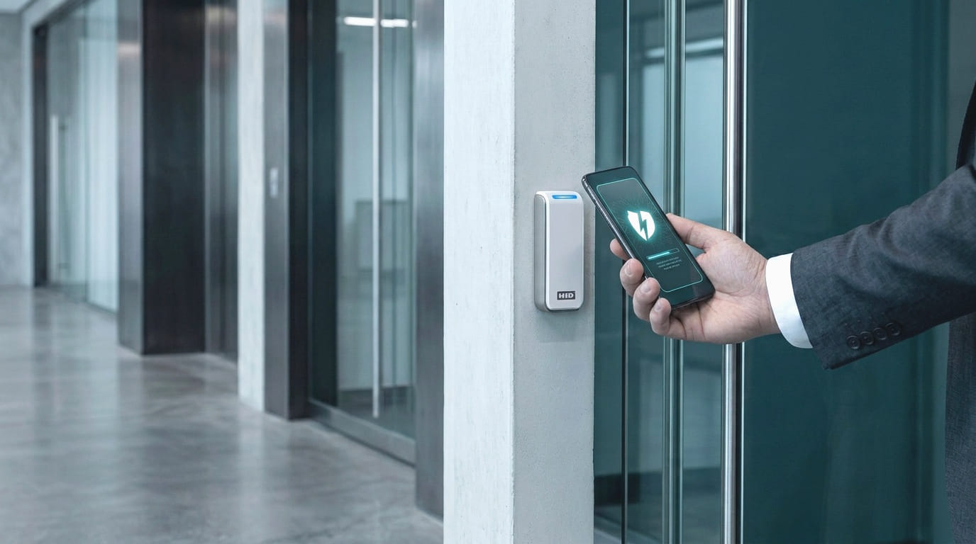 Munkatárs a telefonjával nyit egy HID beléptető olvasót modern irodaházban